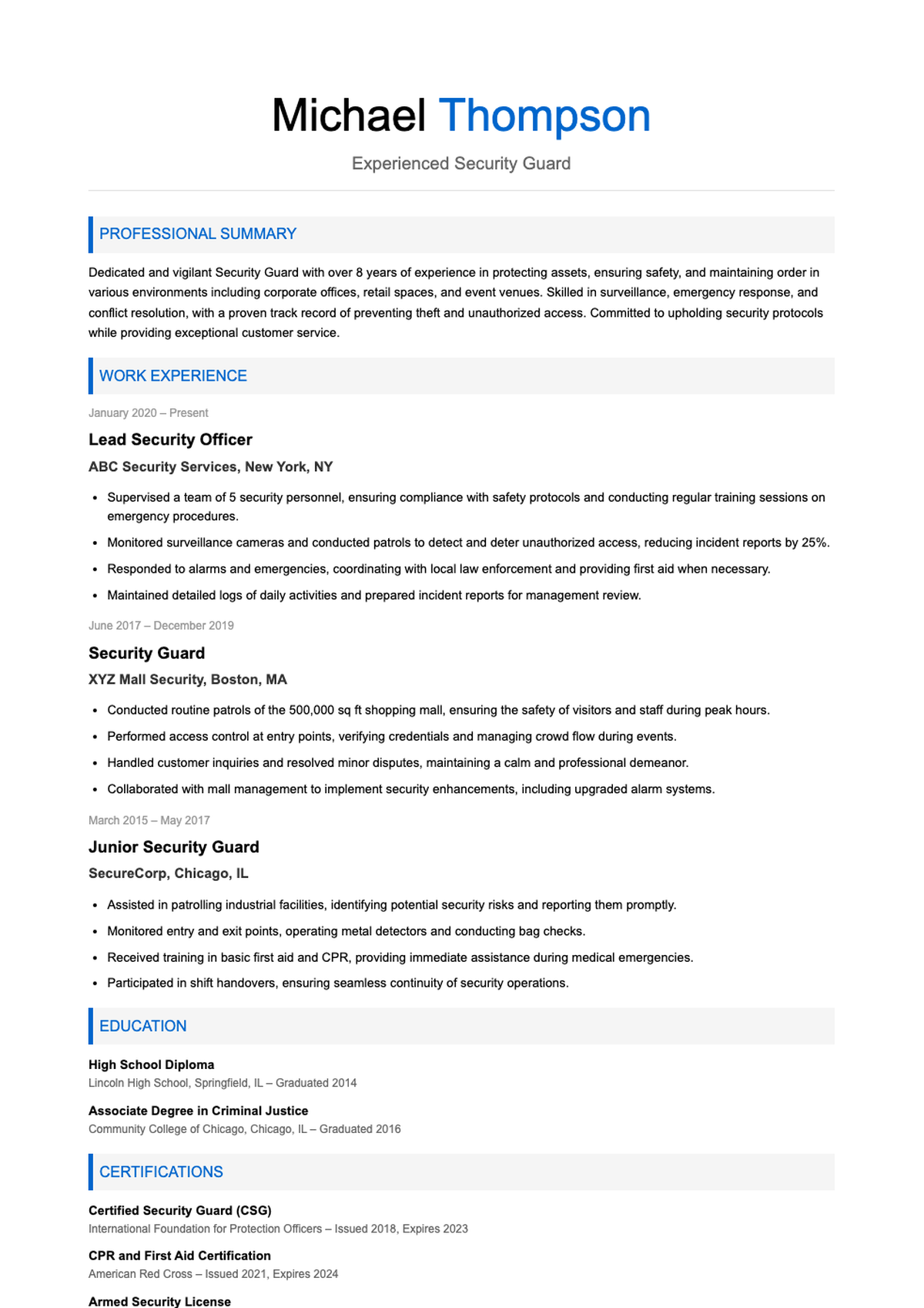 Professional security guard resume with photo and detailed experience_variant_3